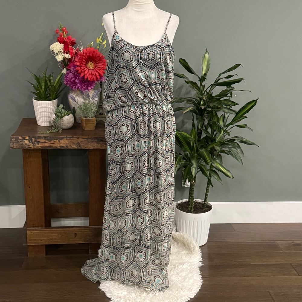 Pink Rose Geometric Maxi Dress - Black, White, Blue